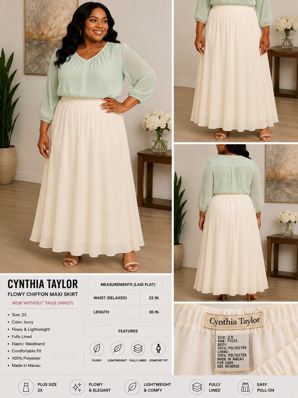 Cynthia Taylor 2X Ivory Chiffon Maxi Skirt Elastic Waist NWOT Plus Size